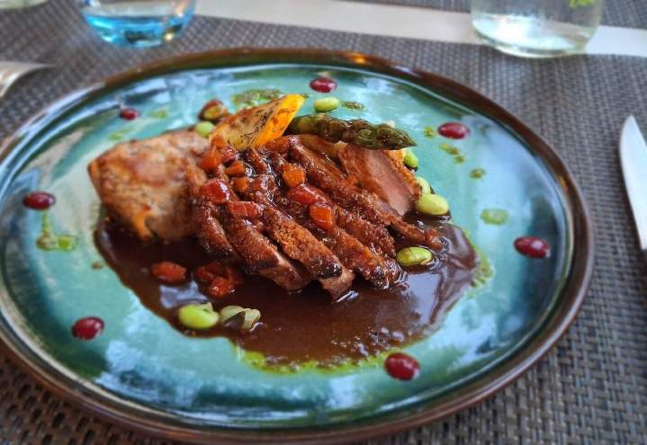 Magret de canard napée d'une sauce au vin rouge et aux échalotes Fontvieille